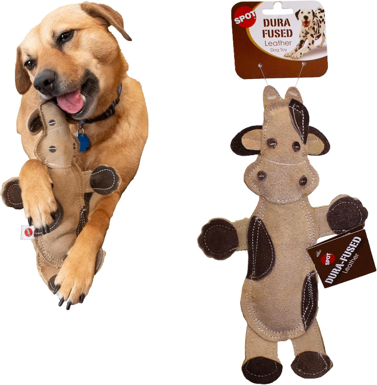 SPOT Dura-Fused Leather Barnyard Animals - Stuffed Dog Toy with Squeaker, Real Leather & Jute Fabric, for Light to Moderate Chewers, Great for Adult Dogs and Puppies - 11in, Assorted Styles, 1 Piece