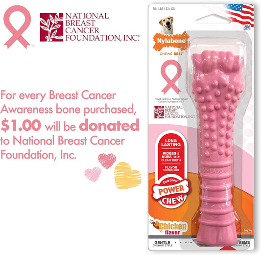Nylabone Power Chew Breast Cancer Awareness Femur Bone Chew Toy for Dogs, Indestructible Dog Toys for Aggressive Chewers, Chicken Flavor