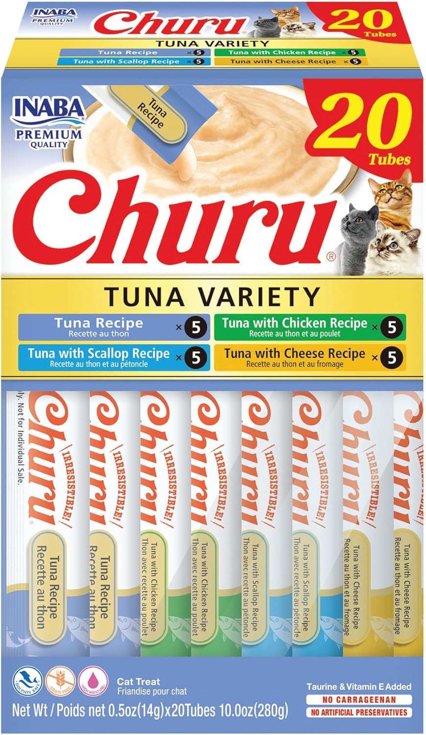 INABA Churu Cat Treats, Lickable, Squeezable Creamy Purée Cat Treat with Green Tea Extract & Taurine, 0.5 Ounces Each Tube, 20 Tubes, Tuna Variety Box