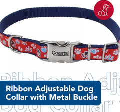 Coastal Pet - Ribbon - Adjustable Dog Collar with Metal Buckle, Red with Paws