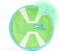 Chuckit! Max Glow Paraflight Flying Disc Dog Toy - Water Floating Flyer - Durable Nylon Construction with Soft Rubber Edges - For Medium and Large Dogs