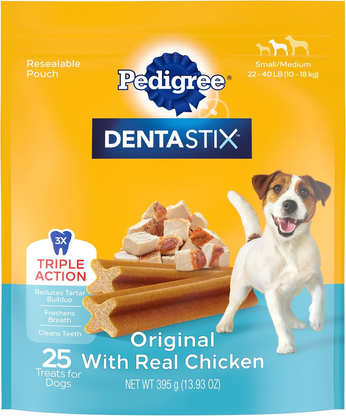Pedigree Dentastix Small & Medium Breed Dog Treats, Original With Real Chicken, 13.93 oz. Bag (25 Treats)