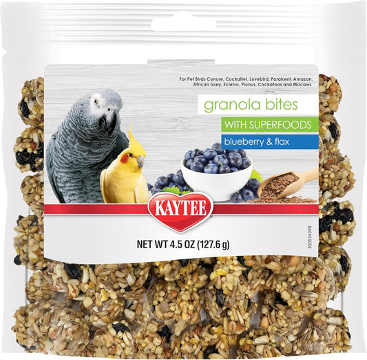 Kaytee Granola Bites with Super Foods Granola Bites and Flax for Pet Birds Conure, Cockatiel, Lovebird, Parakeet, Amazon, African Grey, Ecletus, Pionus, Cockatoos and Macaws, 4.50 Ounce (Pack of 1)