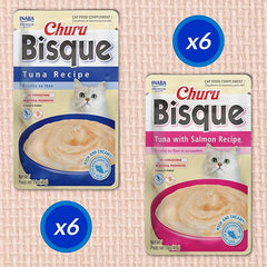 INABA Churu Bisque for Cats, Creamy Lickable Purée Side Dish with Vitamin E, 1.4 Ounces per Pouch, 12 Pouches, Tuna & Chicken Variety