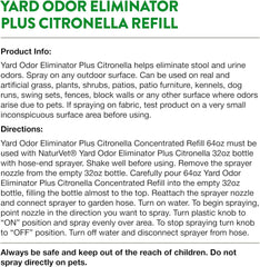 NaturVet – Yard Odor Eliminator Plus Citronella Spray – Eliminate Stool and Urine Odors from Lawn and Yard – Designed for Use on Grass, Patios, Gravel, Concrete & More – 64oz Refill (No Hose Nozzle)