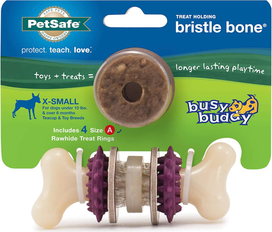PetSafe Busy Buddy Bristle Bone Dog Toy - Treat-Holding Toy for Dogs - Treat Rings Included - Rigorously Tested Ingredients - Purple