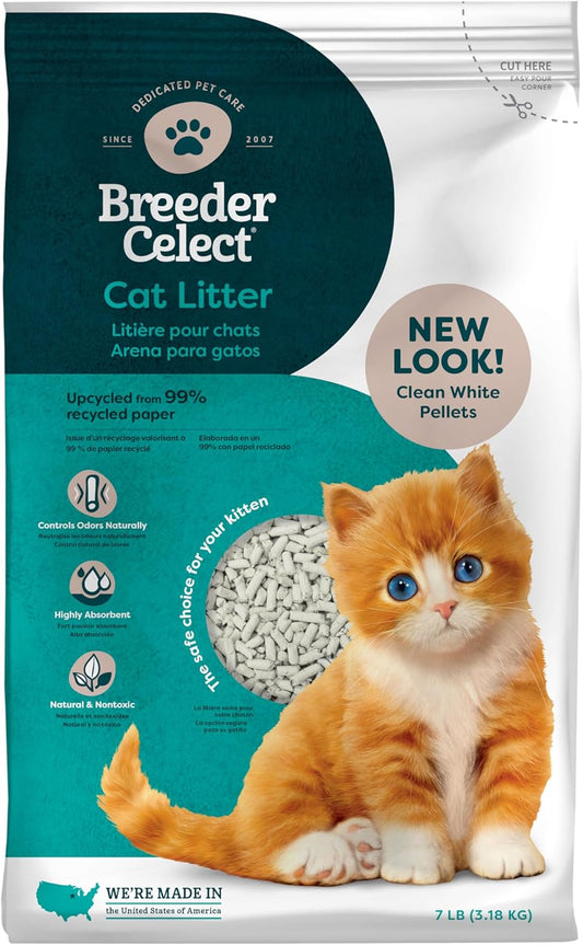 Breeder Celect® | 99% Recycled Paper Cat Litter Pellets | Highly Absorbent | Odor Control | Controls Odors Naturally | Natural and Nontoxic | Low Dust and Easy to Clean |