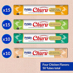INABA Churu Lickable Purée Natural Cat Treats for Skin and Coat with Omega Oils, Taurine and Vitamin E, 0.5 Ounces Each Tube, 50 Tubes, Skin & Coat Variety