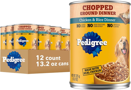Pedigree Chopped Ground Dinner Adult Canned Soft Wet Dog Food, Chicken & Rice Flavor, 13.2 oz. Cans (12 Count, Pack of 1)