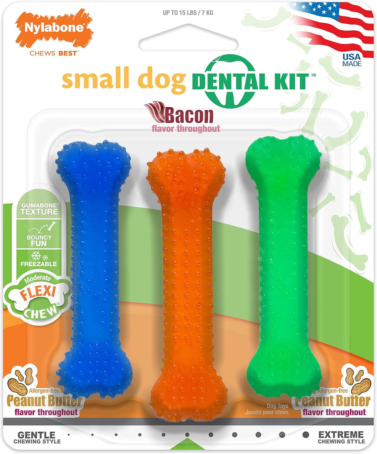 Nylabone Flexi Chew Moderate Dog Dental Chew Toy Bones Triple Pack, Peanut Butter & Bacon