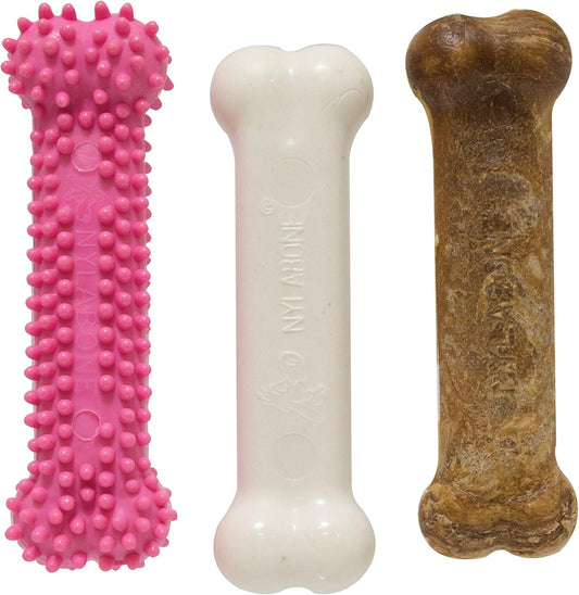 Nylabone Puppy Chew Toys & Natural Treat Triple Pack, Pink, Chicken & Bacon Flavor