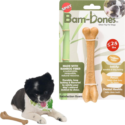 SPOT Bam-Bones Bone - Made with Strong Bamboo Fiber, Durable Long Lasting Dog Chew for Light to Moderate Chewers, Great Toy for Adult Dogs & Teething Puppies under 25lbs, Chicken Flavor
