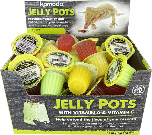 Komodo Jelly Pots Mixed Fruit Flavor Insect Food | Individually Portioned | Provides Nutrition & Hydration for Fruit-Eating Reptiles 40 Count Display (16g per Cup)