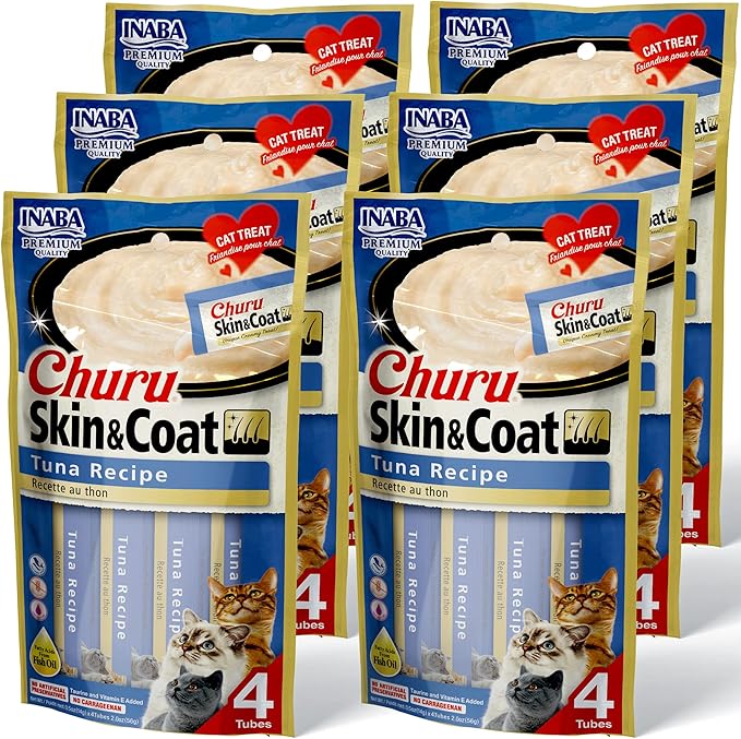 INABA Churu Lickable Purée Natural Cat Treats for Skin and Coat with Omega Oils, Taurine and Vitamin E, 0.5 Ounces Each, 24 Tubes (Four Per Package), Tuna Recipe