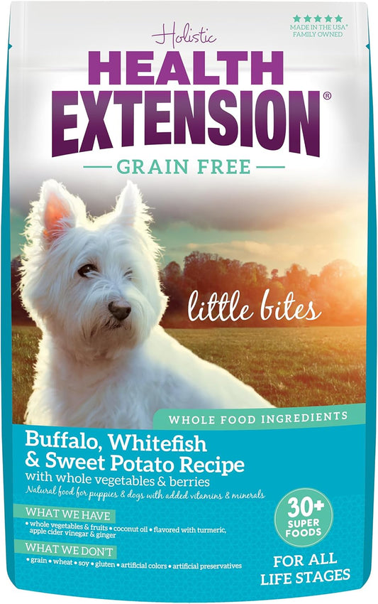 Health Extension Grain Free Buffalo & Whitefish Little Bites (10 lb / 4.54 kg) - Small Kibble Formula with Omega 3 & Whole Foods for Teacups, Toys & Miniature Dogs