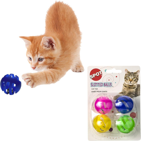 SPOT Slotted Balls Cat Toy - Interactive Cat Toys for Indoor Cats to Chase, Hunt and Stimulate - Jingle Bell Inside for Sound When Batted Around - Safe and Non-Toxic - 1.5" Assorted 4-Pack