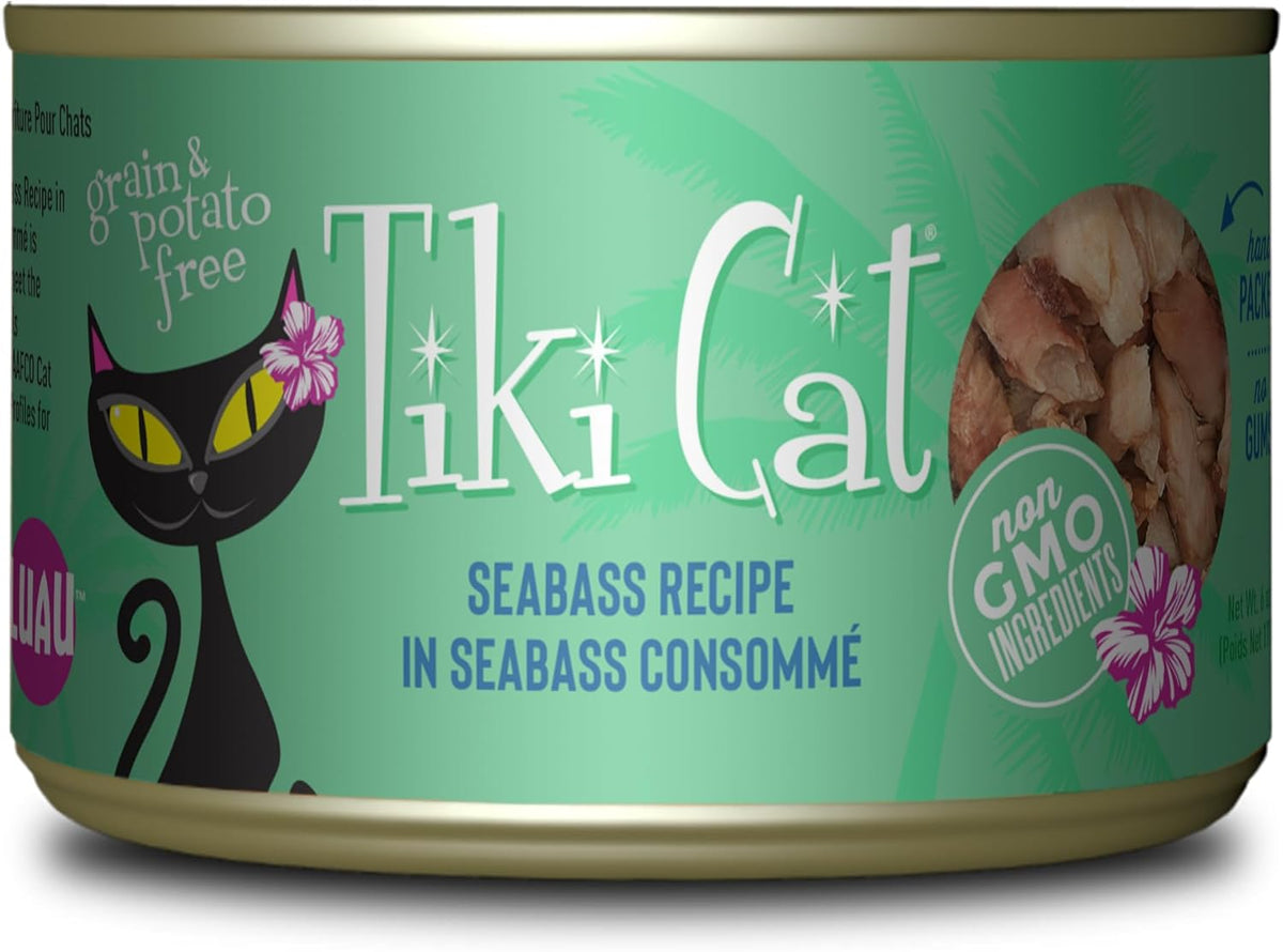 Tiki Cat Luau Shredded Meat, Seabass Recipe in Seabass Consumme, Grain-Free Balanced Nutrition Wet Canned Cat Food, For All Life Stages