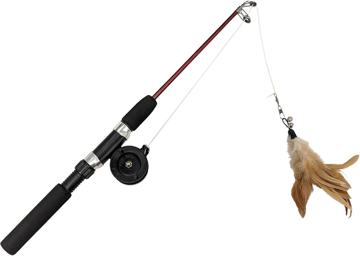 SPOT Fishing Rod 'N Reel Kitty Teaser - Cat Toy Fishing Pole Casts a Line Over 7 Feet with Working Reel Locks in Line When You Make Your Catch, Feather End Teases and Entices Cats to Pounce and Chase