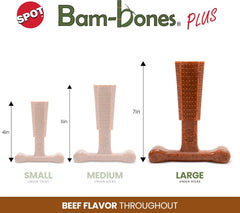 SPOT Bam-Bones Plus T Bone - Bamboo Fiber & Nylon, Durable Long Lasting Dog Chew for Aggressive Chewers – Great Toy for Adult Dogs & Teething Puppies Under 90lbs, Non-Splintering, 7in, Beef Flavor