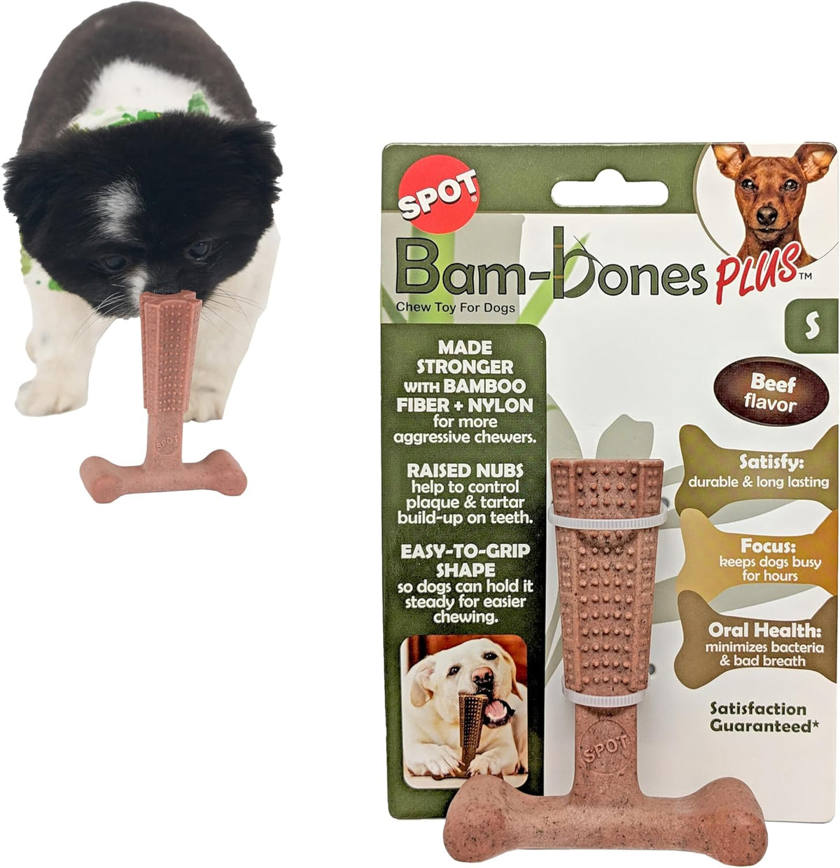 SPOT Bam-Bones Plus T Bone - Bamboo Fiber & Nylon, Durable Long Lasting Dog Chew for Aggressive Chewers – Great Toy for Adult Dogs & Teething Puppies Under 30lbs, Non-Splintering, 4in, Beef Flavor