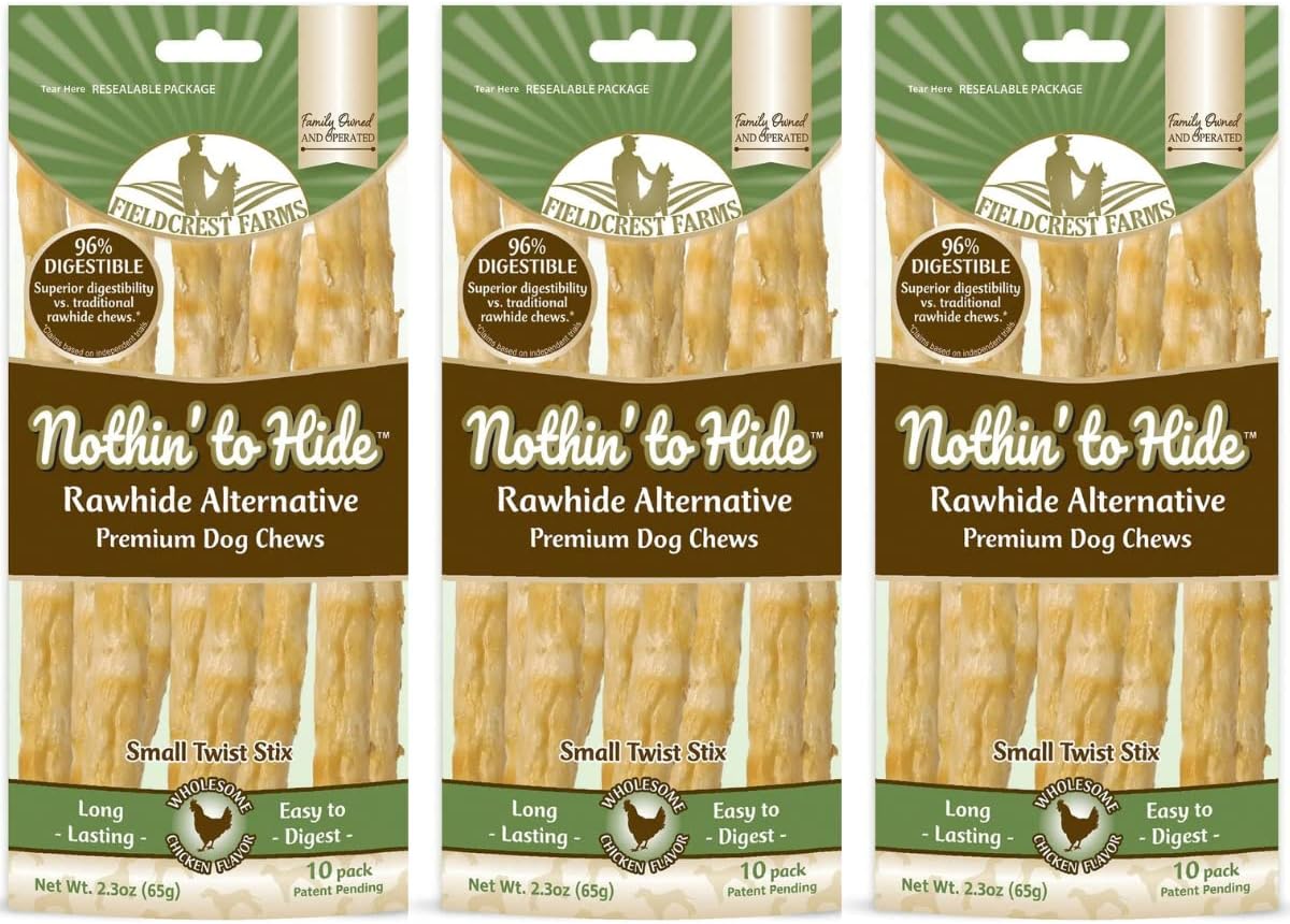Fieldcrest Farms Nothing to Hide Natural Rawhide Alternative Twist Stix for Dogs - 3 Pack (30 Sticks) Premium Grade Easily Digestible Chews - Great for Dental Health (Chicken, Small Stix)