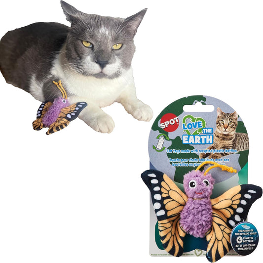 SPOT Love The Earth Butterfly Cat Toy - Eco Friendly Catnip Toy Made with Recycled Plastic Bottles, Soft, Plush, Bright Colored Classic Toy for Indoor Cats and Kittens - 4 inch, Assorted Colors