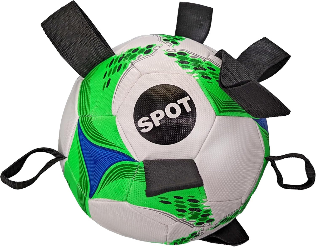 SPOT Dog Soccer Ball with E-Z Tabs - Interactive Fetch and Tug Dog Toy with Heavy Duty Nylon Straps for Carrying, Tossing, and Tugging, Floats in Water, 9in Sports Ball with Air Pump Included