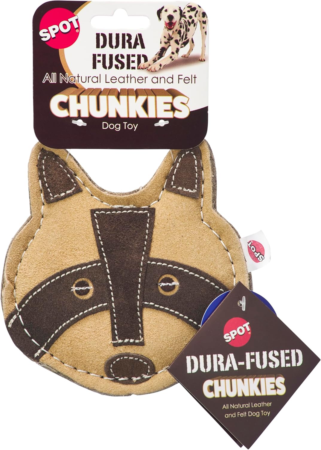 SPOT Dura-Fused Chunkies Raccoon - All Natural Leather and Felt Dog Toy - No Squeak, No Fluff, Durable, Extra Thick Dog Chew Toy for Aggressive Chewers, Great for Adult Dogs and Teething Puppies, 5in