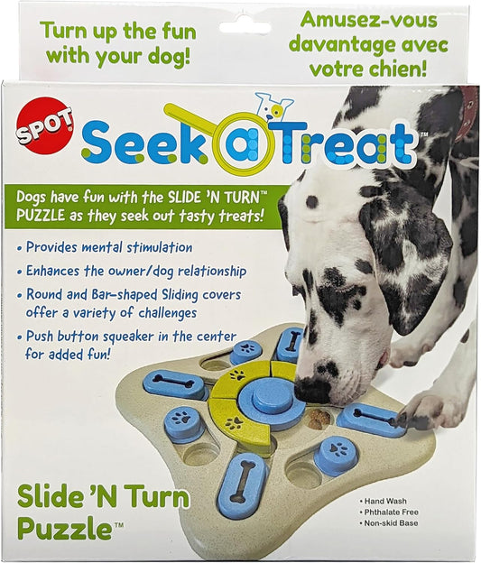 SPOT Seek A Treat Slide' N Turn Puzzle -Interactive Dog Puzzle Toy for Small, Medium & Large Smart Dogs and Cats, Squeaky, Enrichment and Mentally Stimulating Toy for Training and Boredom Buster