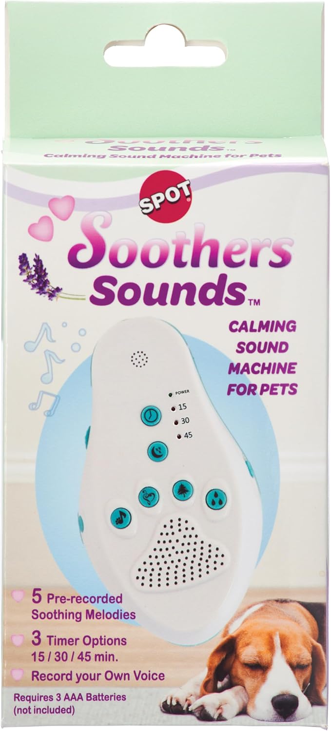SPOT Soothers Sounds Machine - Calming Sound Recordings for Pets - Ease Anxious or Nervous Dogs - 5 Pre-Recorded Soothing Melodies - Record Your Own Voice - 3 Timer Options - Clip for Easy Hanging