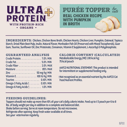 Natural Balance Ultra Protein Plus Wet Cat Food, Immune & Digestive Health Real Chicken with Pumpkin Puree Topper with Chicken Liver & Chicken Heart, High Protein Cat Food - 2.4 oz. (Pack of 24)