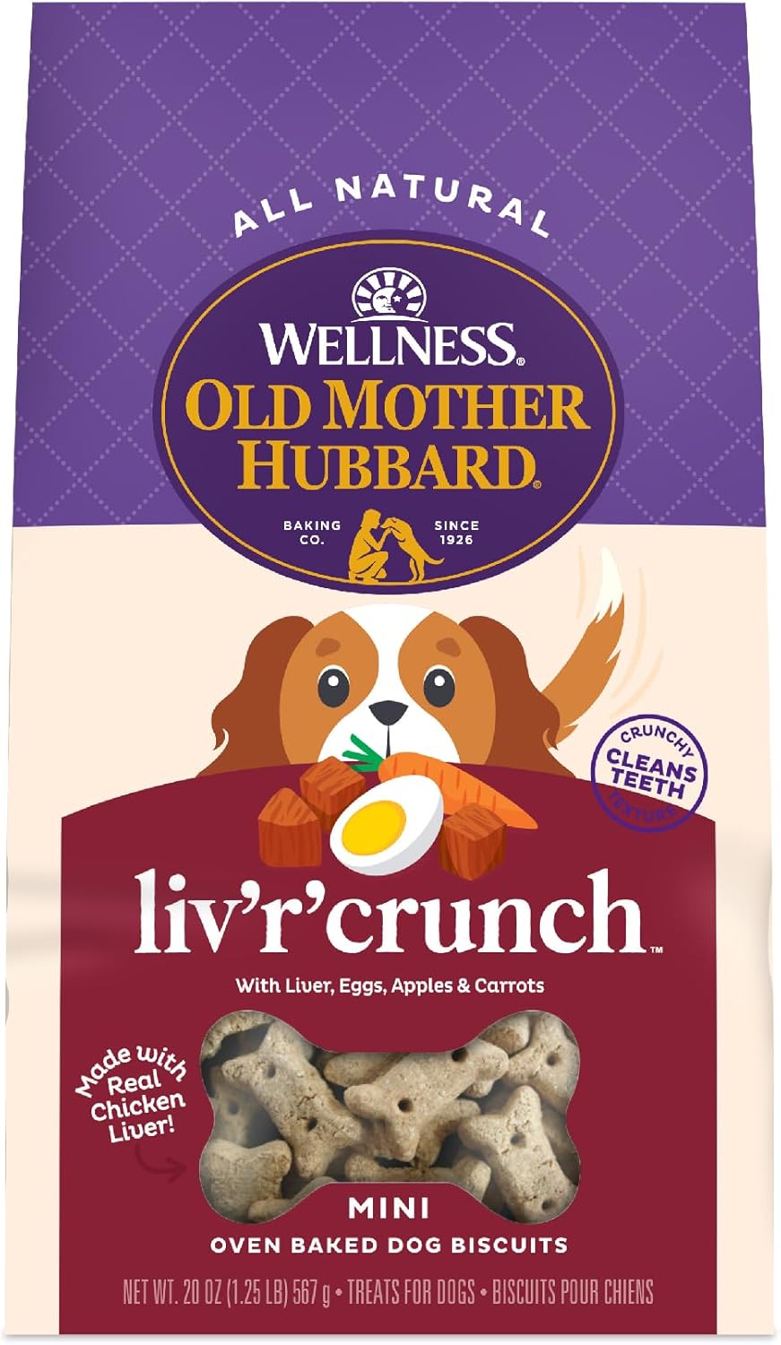 Wellness Old Mother Hubbard Classic Liv'R'Crunch Dog Biscuits, Natural Training Treats, Chicken Liver, Oats, Apple and Carrot Flavor, Mini Size, 20 oz Bag