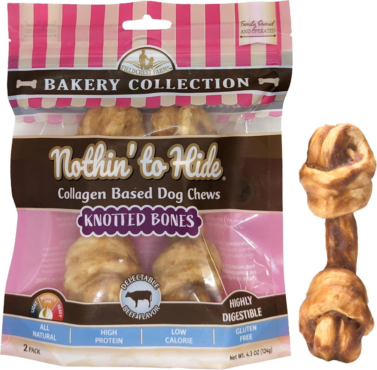 Nothin' to Hide Collagen-Based Dog Chews Small Knotted Bones, Beef Flavor, Easily Digestible, Supports Skin, Coat, Joints & Muscles, for Moderate Chewers Under 15lbs