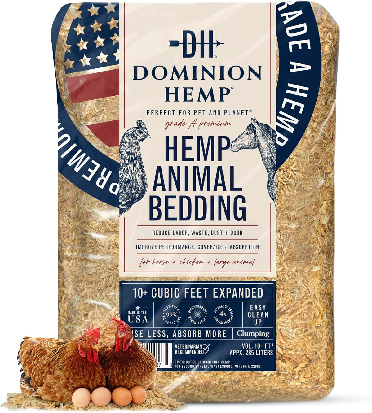 Premium Hemp Bedding for Chicken Coops 285L (~10 Cu Ft usable Volume) - Made in USA - Ideal Nesting Material for Newly Hatched Chicks, Brooder Cover, Small Pet Bedding - 30lbs, 1-Pack