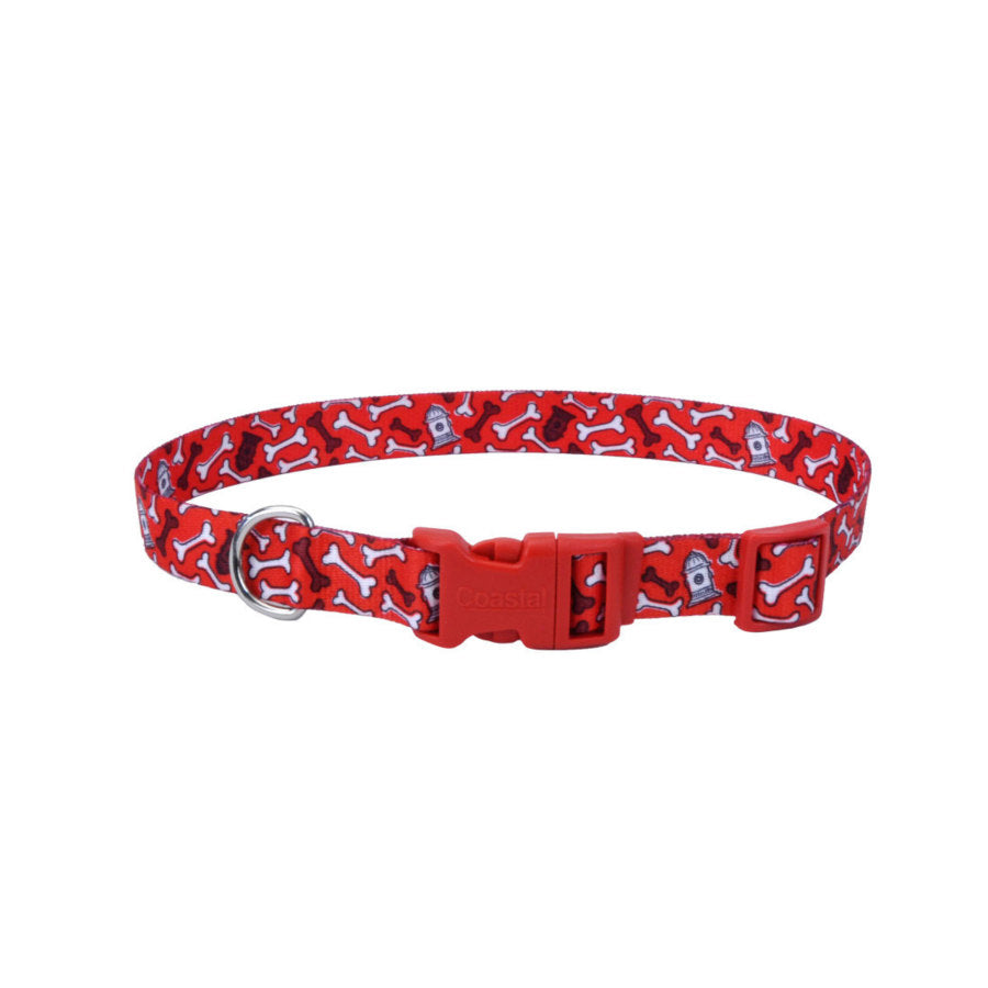 Coastal Pet Styles Adjustable Dog Collar - Stylish Patterned Fabrics - Snap-Lock Buckle - Adjustable Dog Collar - for Small, Medium or Large Dogs - Red Bones