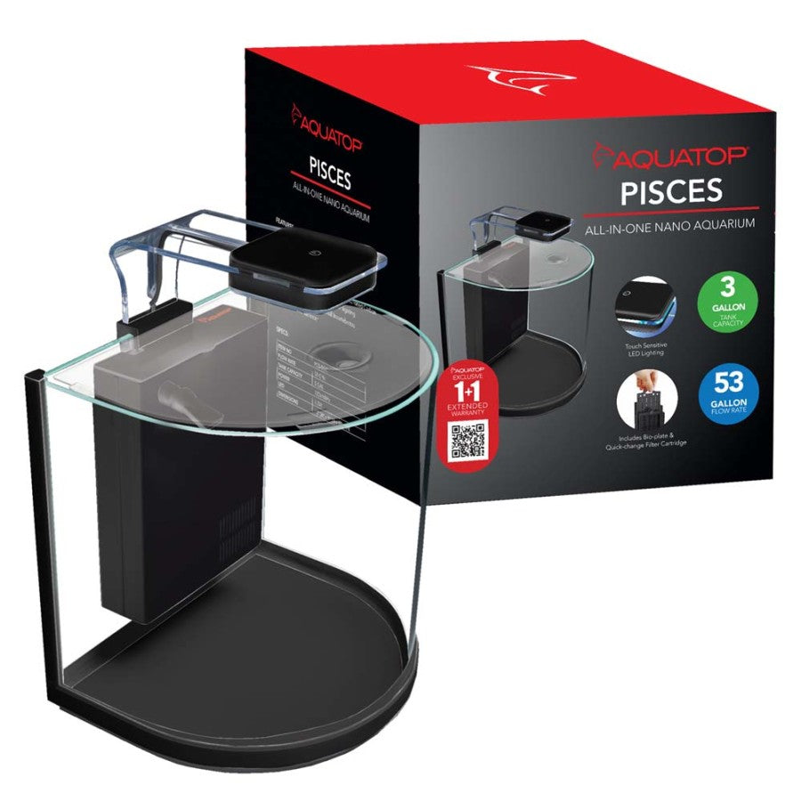 Aquatop Pisces Curved Bowfront Aquarium - 53GPH – Nano Semi-Circle Glass Aquarium Kit – Touch LED Light – Built-in Filter for Fresh & Saltwater