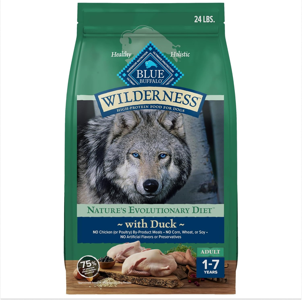 Blue Buffalo Wilderness Natural High-Protein Dry Food for Adult Dogs, with Wholesome Grains, Duck