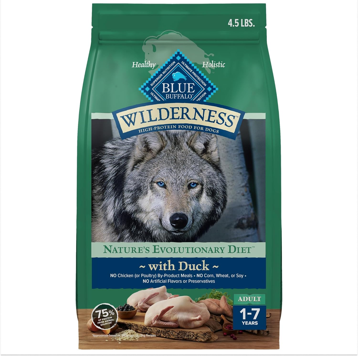 Blue Buffalo Wilderness Natural High-Protein Dry Food for Adult Dogs, with Wholesome Grains, Duck