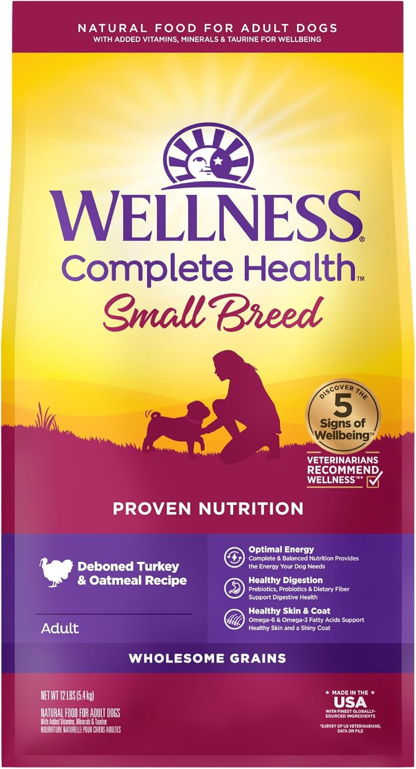 Wellness Complete Health Small Breed Adult Dry Dog Food with Grains and Real Turkey, Natural Ingredients, Omega Fatty Acids, and Probiotics, Made in USA