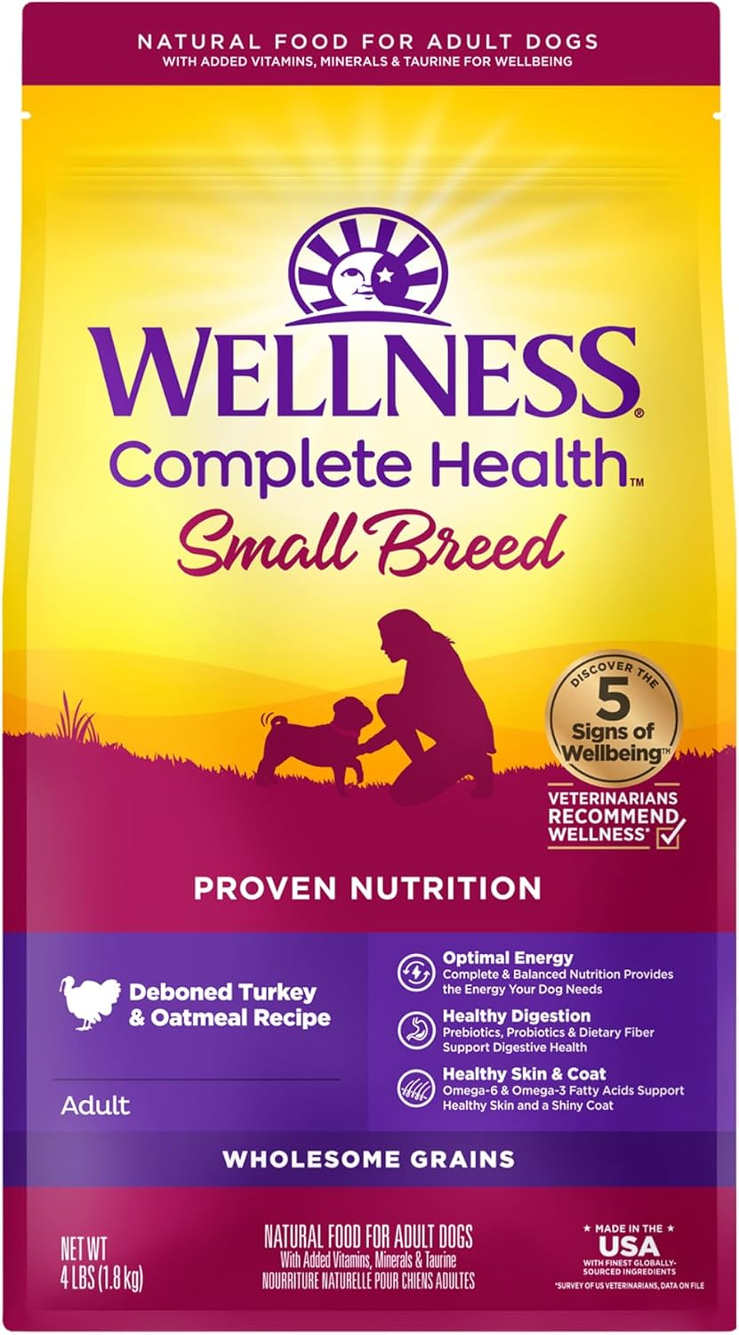 Wellness Complete Health Small Breed Adult Dry Dog Food with Grains and Real Turkey, Natural Ingredients, Omega Fatty Acids, and Probiotics, Made in USA