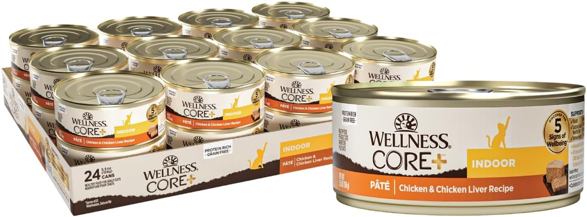 Wellness CORE+ Indoor Pate Adult Wet Cat Food, Natural, Protein-Rich, Grain Free (Chicken & Chicken Liver)