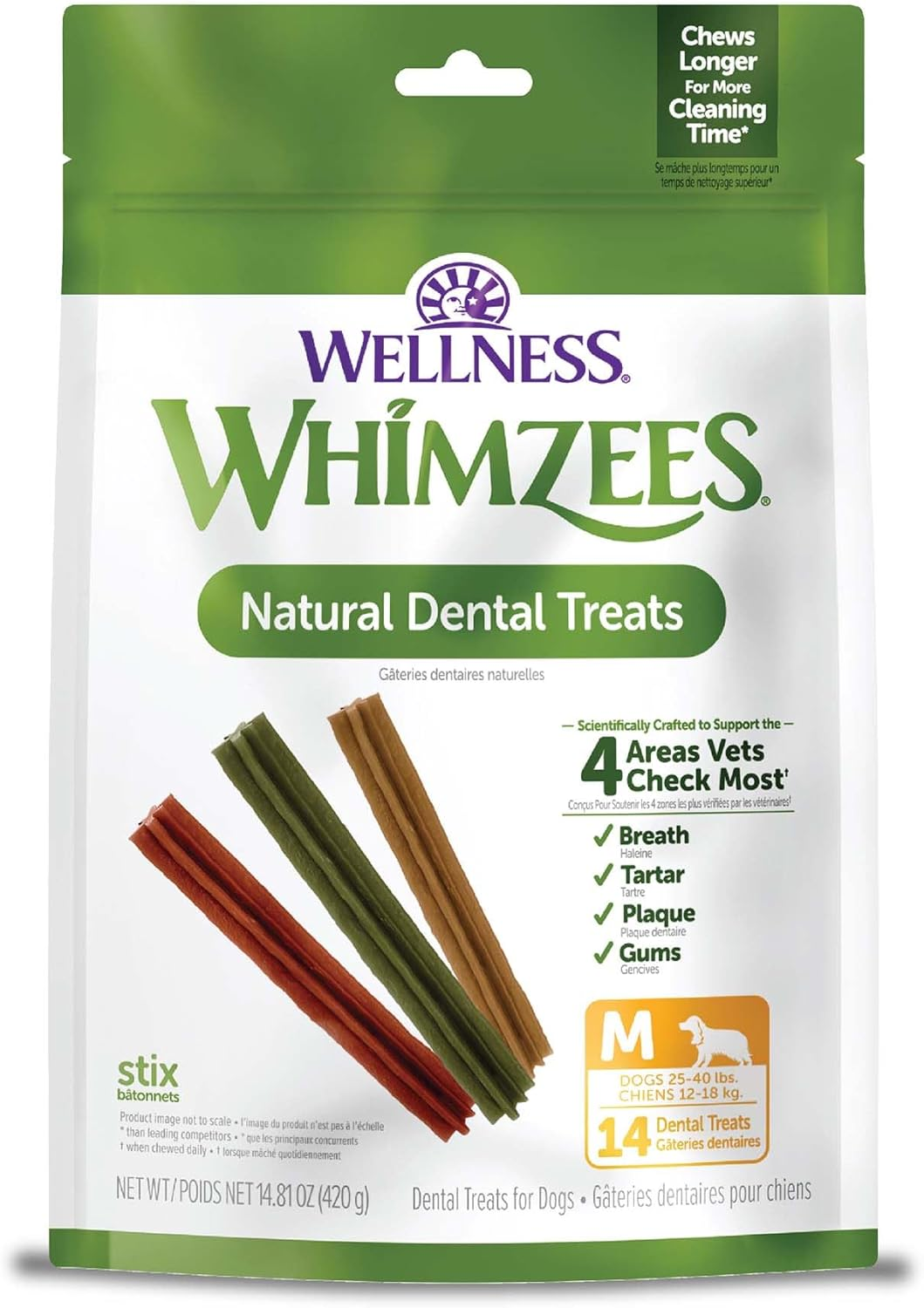 Whimzees Wellness Stix Dog Dental Treats, Natural Chews, Medium Size Stick