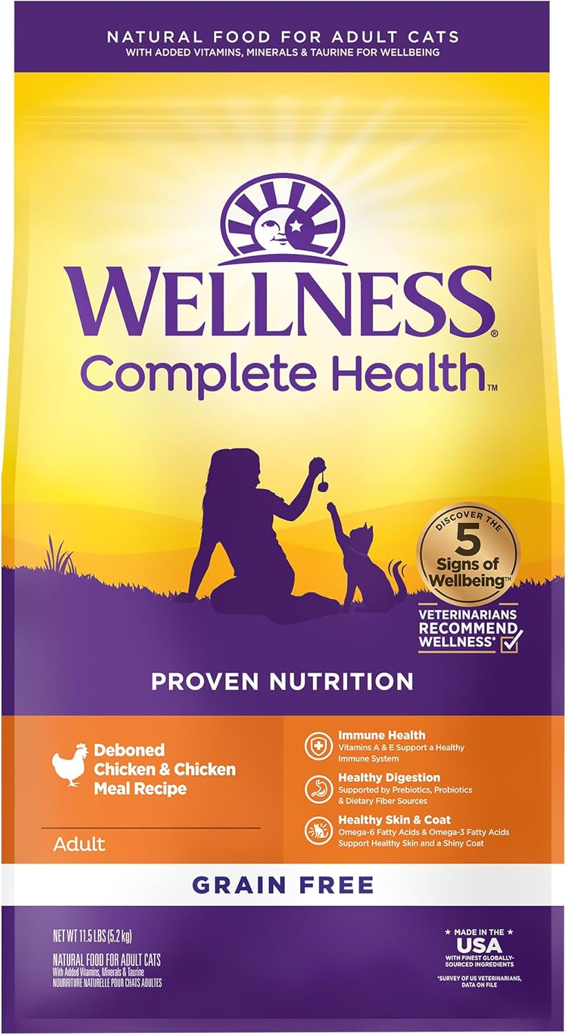 Wellness Complete Health Adult Dry Cat Food for Indoor and Outdoor Cats, Grain Free, Natural, Chicken & Chicken Meal