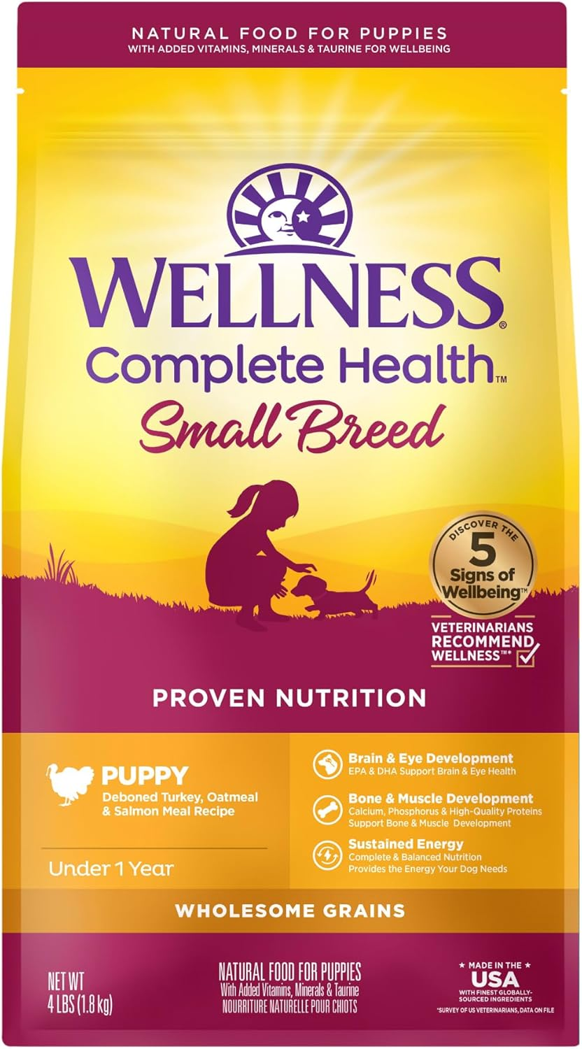Wellness Complete Health Small Breed Dry Dog Food with Grains, Natural Ingredients, Made in USA with Real Turkey, For Dogs Up to 25 lbs. (Puppy, Turkey, Salmon & Oatmeal)
