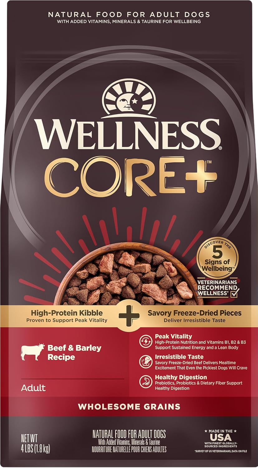 Wellness CORE+ (Formerly RawRev) Dry Dog Food with Freeze Dried Pieces, Wholesome Grains, High Protein, Natural, Beef & Barley Recipe