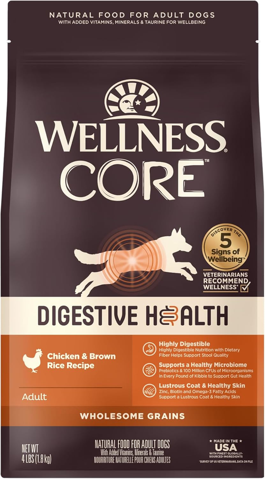 Wellness CORE Digestive Health Dry Dog Food with Wholesome Grains, Highly Digestible, for Dogs with Sensitive Stomachs, Made in USA with Real Chicken