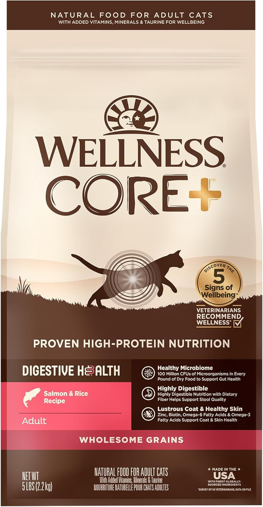Wellness CORE+ Adult Dry Cat Food for Indoor and Outdoor Cats, Wholesome Grains, Natural, Digestive Health Salmon & Rice