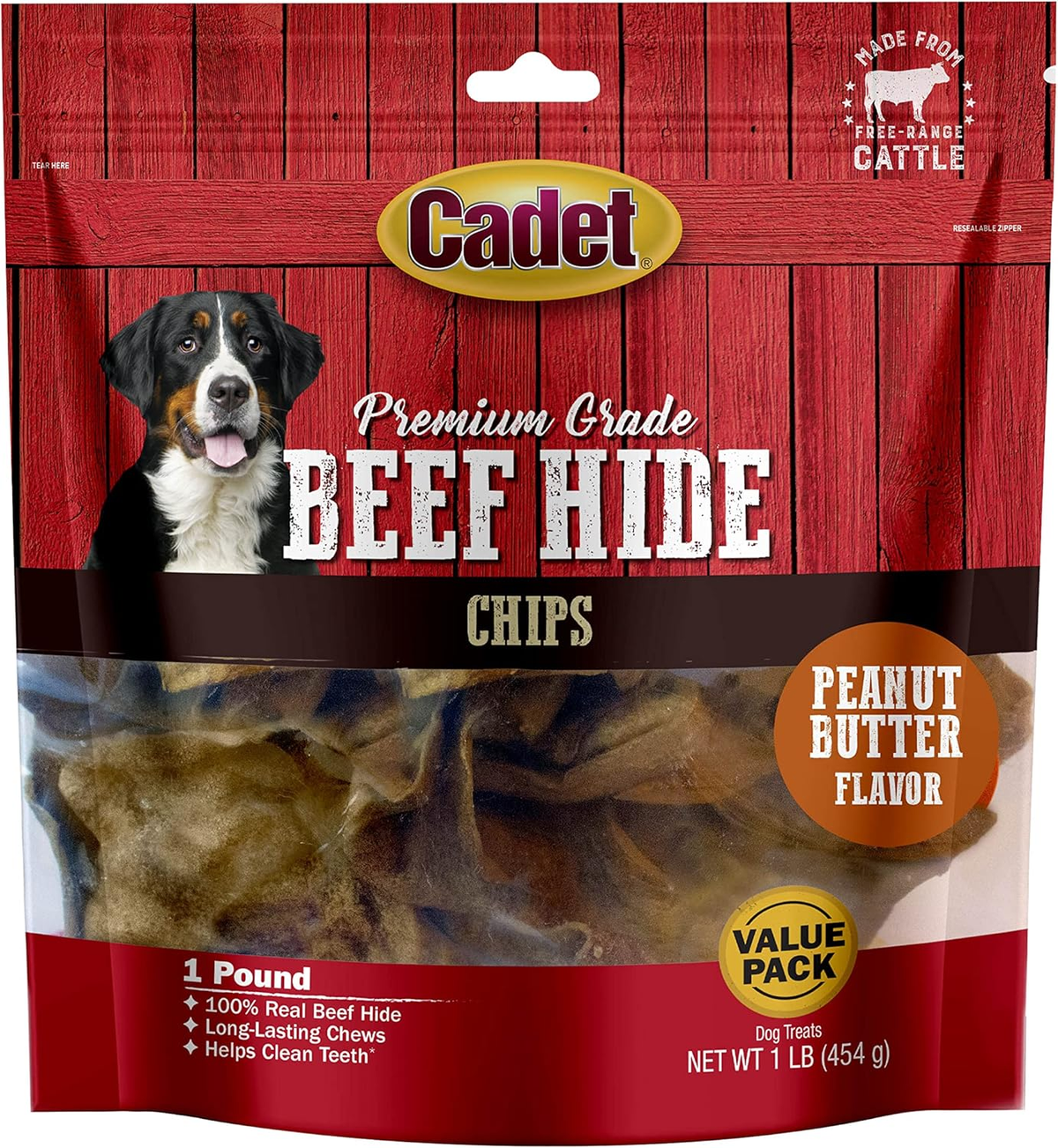 Cadet Premium Grade Beef Hide for Dogs, Long-Lasting Rawhide Chips, Single Ingredient Dog Chews, Peanut Butter Flavor
