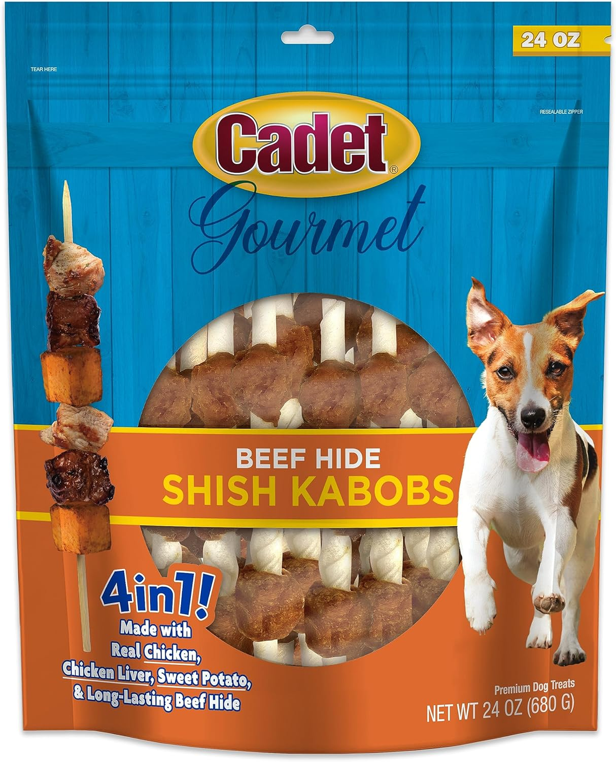 Cadet Gourmet Triple-Flavored Beef Hide Shish Kabob Dog Treats - Healthy & Natural Chicken, Duck, & Sweet Potato Dog Treats, 5 in.