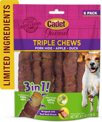 Cadet Gourmet Triple Chews Long-Lasting Pork Hide Sticks with Apple and Duck, Healthy Dog Treats for Small & Large Dogs